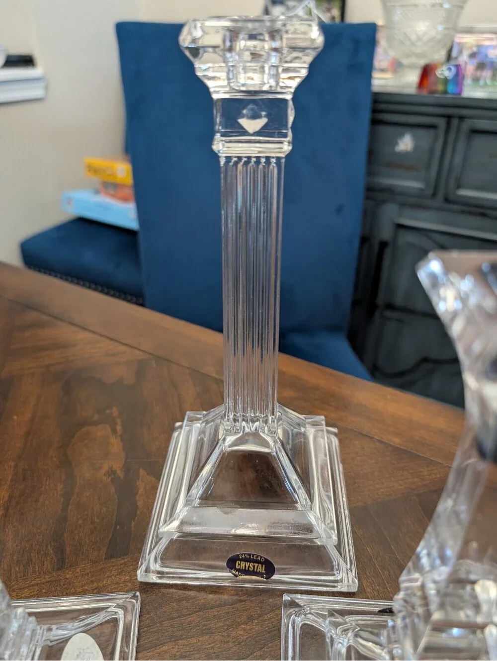 Set of 3 Square Base 24% Lead Crystal Taper Candlesticks Made in U.S.A.